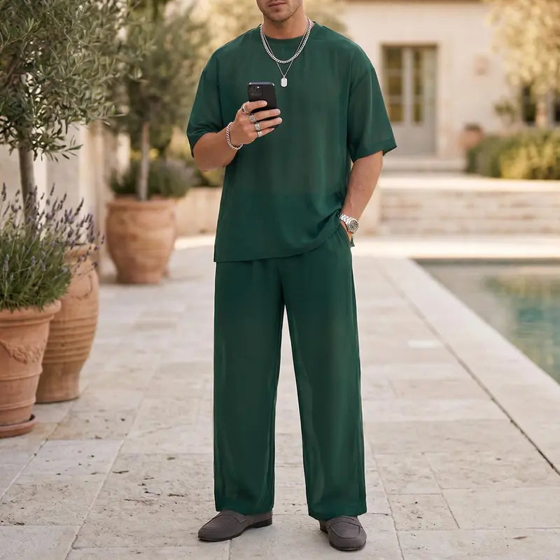 Men’s Casual Shirt and Pants Set Short Sleeve Relaxed Fit Everyday Outfit