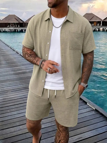 Men’s Casual Shirt and Shorts Set Short Sleeve Summer Outfit