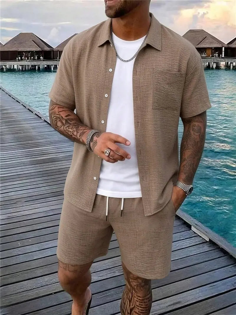 Men’s Casual Shirt and Shorts Set Short Sleeve Summer Outfit