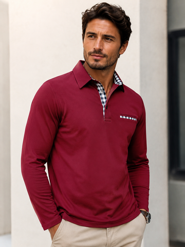 Men's Long-Sleeved Polo Shirt With Checkered Collar
