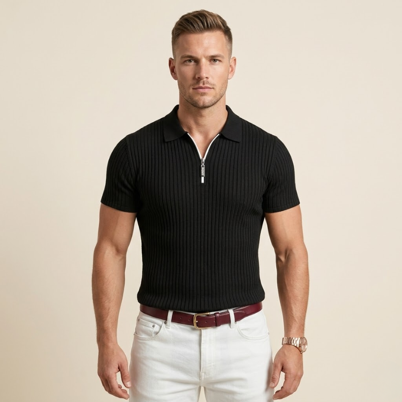 Men's Ribbed Zip-up Polo Shirt