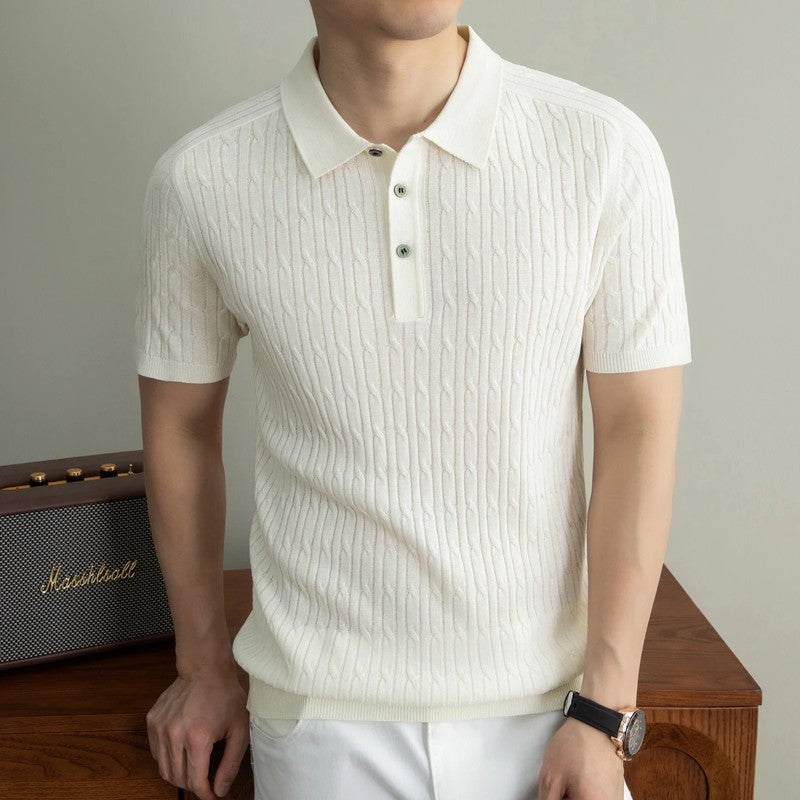 Cable Knit Short Sleeve Polo Shirt