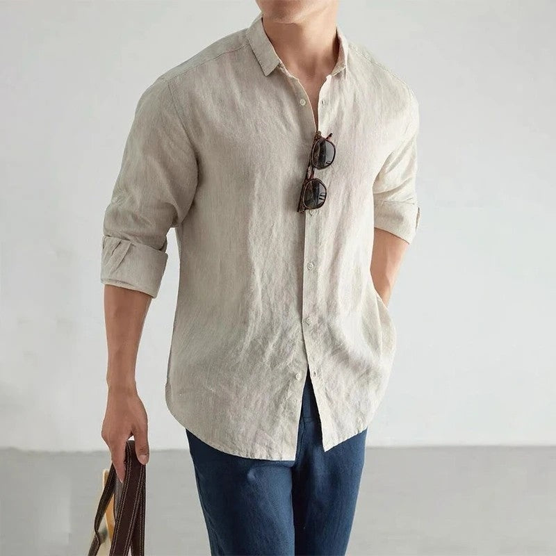 Plus Size Relaxed Linen Long Sleeve Button-Up Shirt